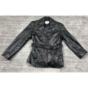 Worthington‎ Jacket Womens Small Black Genuine Leather Belted Snap